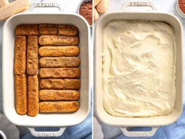 Primo strato di savoiardi inzuppati nel caffè e crema al mascarpone.