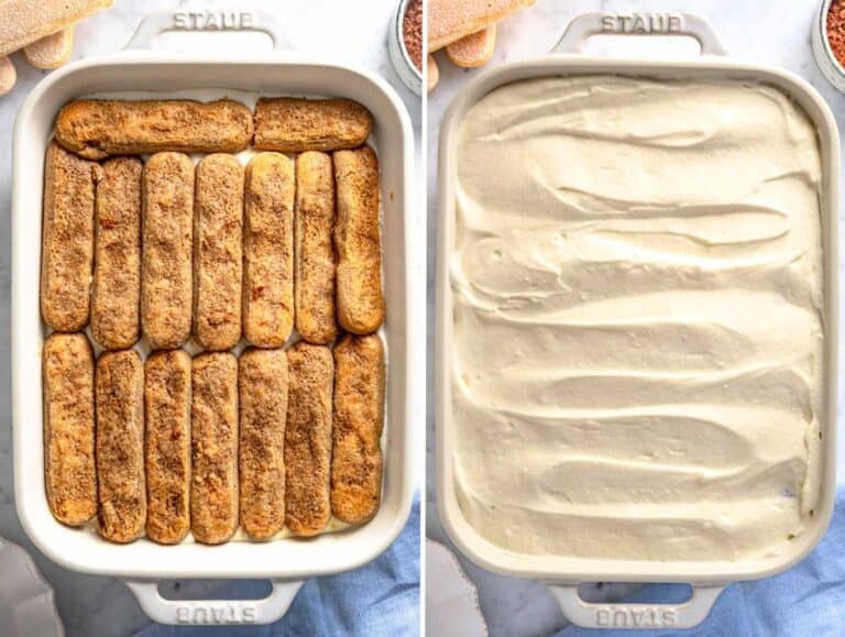 Secondo strato di savoiardi inzuppati nel caffè e crema al mascarpone.