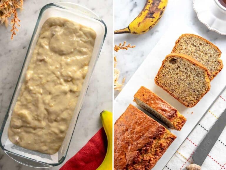 Banana bread prima e dopo la cottura.