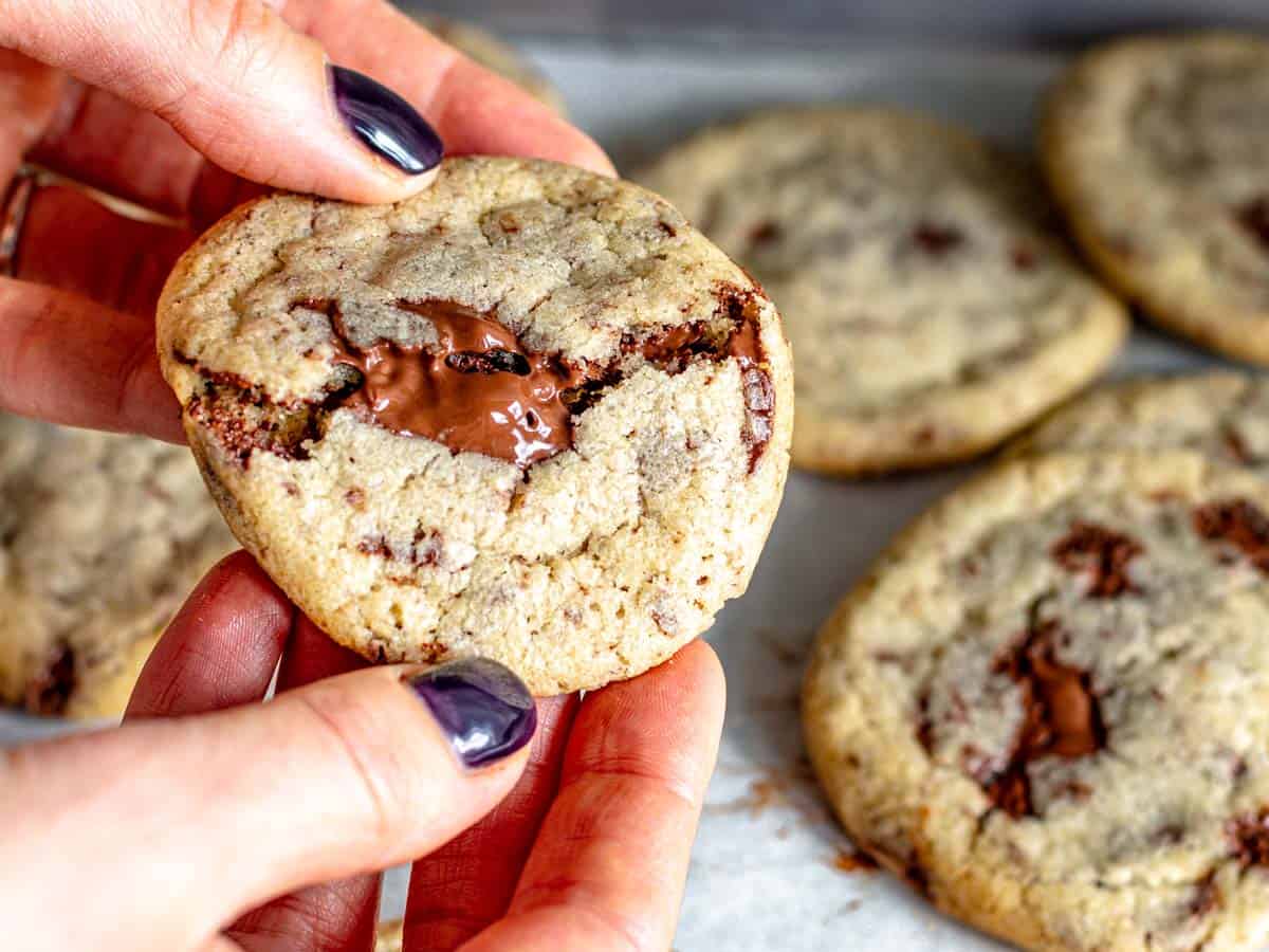 Cookie al cioccolato e mani femminile.