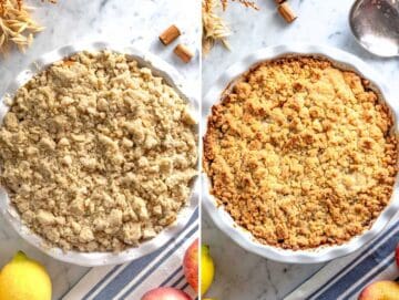 Crumble di mele prima e dopo di essere cotto al forno.