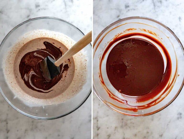 Ganache al cioccolato mescolata con una spatola finchè liscia e lucente.