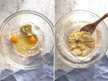 Impasto con uova, farina, e burro in una ciotola.