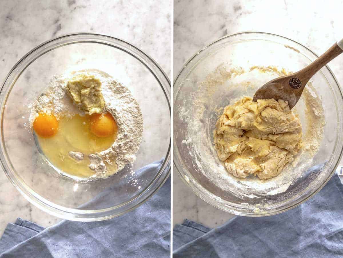 Impasto con uova, farina, e burro in una ciotola.